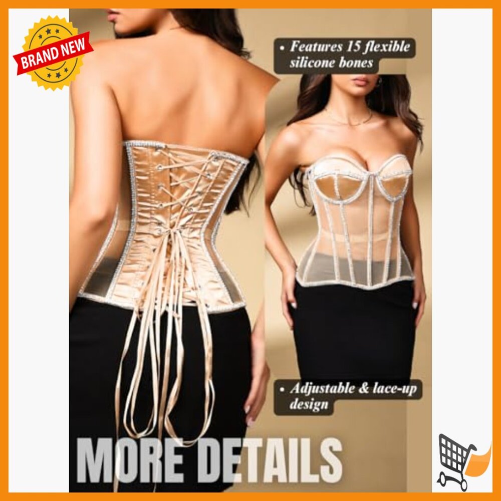 Sheer Mesh Corset with Rhinestones, Strapless Lace-Up Shapewear Top - Picture 3 of 7